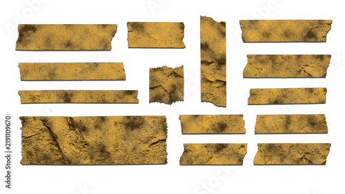 Torn brown kraft masking tape strips collection isolated on background