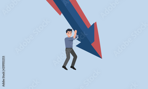 Cuadro en lienzo Businessman pushing up falling downward arrow representing business crisis and e