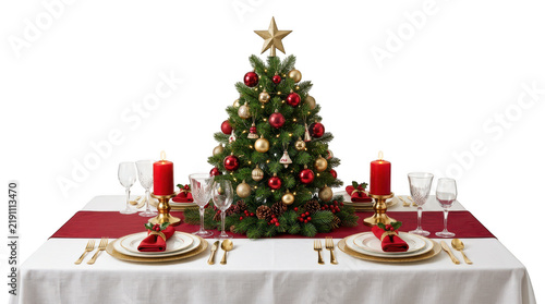 Decorated christmas tree on festive dining table for dinner isolated on transparent background