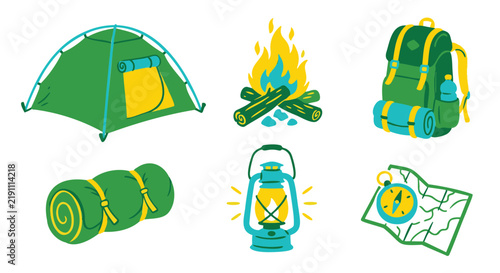 Set of hand drawn vector camping equipment icons including tent campfire backpack sleeping bag lantern map