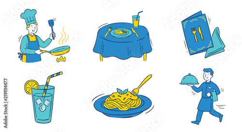 Restaurant icons set vector illustration in modern doodle style