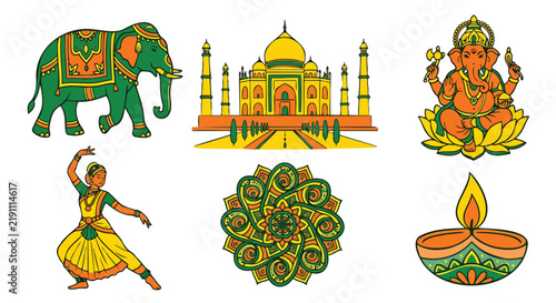 Set of traditional Indian culture vector illustrations