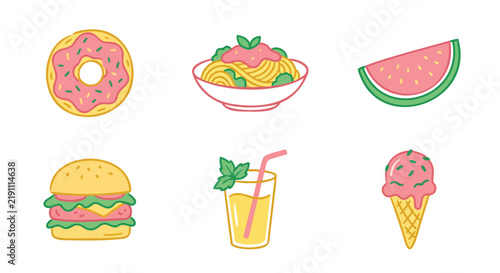 Cute cartoon fast food icon set featuring donut, pasta, watermelon, burger, juice, and ice cream cone