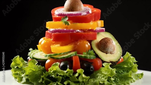 Towering Salad Pyramid Colorful Vegetables Red Yellow Bell Peppers Onion Tomatoes Avocado