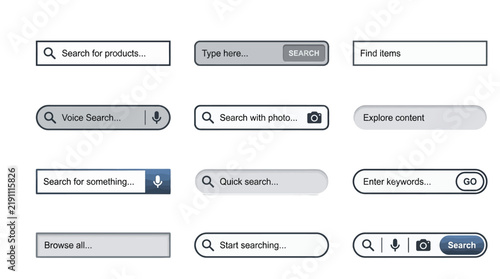 Sleek collection of minimalist user interface search bar elements featuring diverse styles for modern web design and mobile application projects