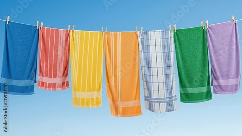 Various Colorful Towels Hanging On A Clothesline Against A Clear Blue Sky