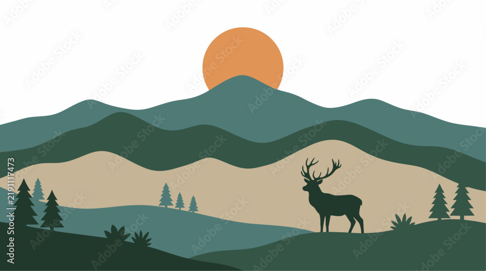 Fototapeta premium Scenic flat mountain landscape with a majestic stag silhouette at sunset for nature posters and wall art