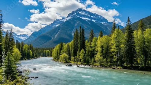 Vibrant Green Forest And Turquoise River Lead To Snowy Mountain Peak Under Blue Sky