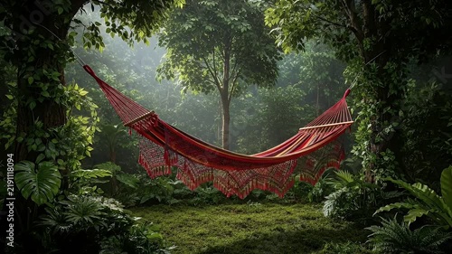 Vibrant Hammock Hanging Between Trees Lush Green Forest Sunlight Rays