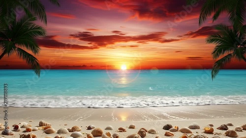 Vibrant Tropical Beach Sunset with Palm Trees and Seashells