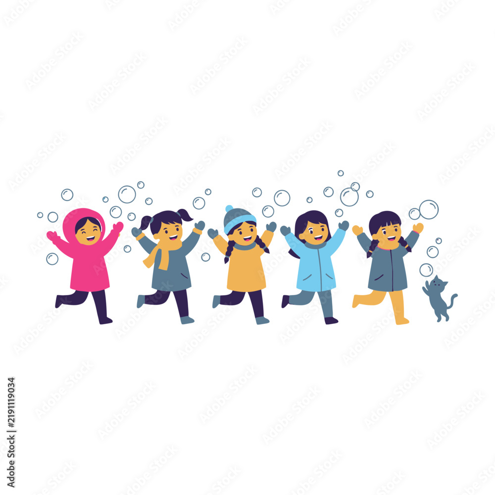 Fototapeta premium Cute cartoon children running and playing together in winter clothes