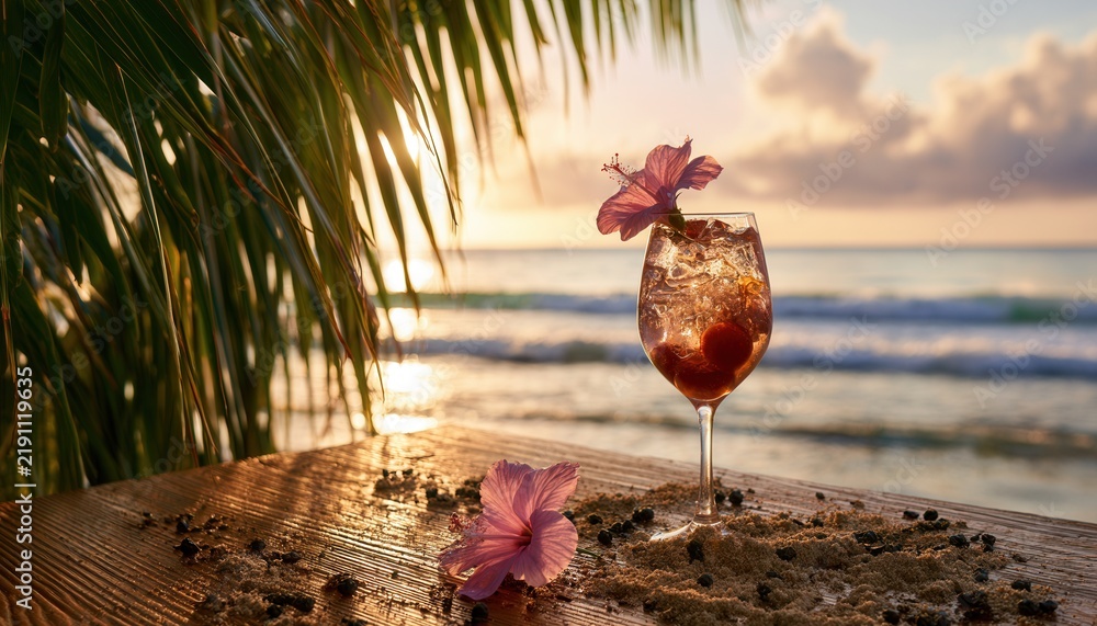 Obraz premium Sunset drink with flowers by the beach near the ocean