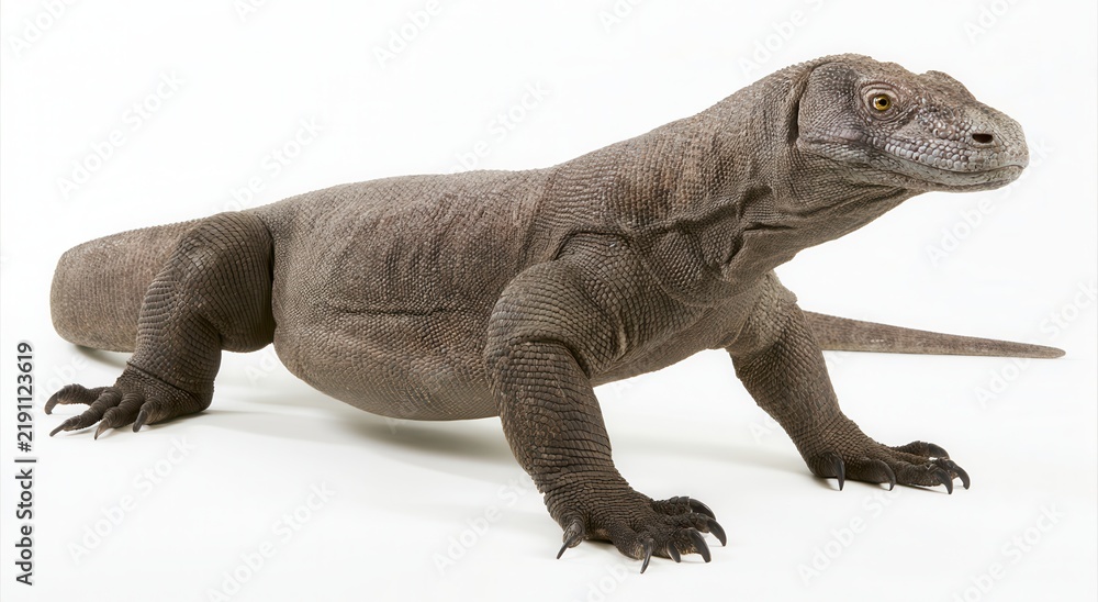 Fototapeta premium Komodo dragon displays movement on a white background in a studio setting