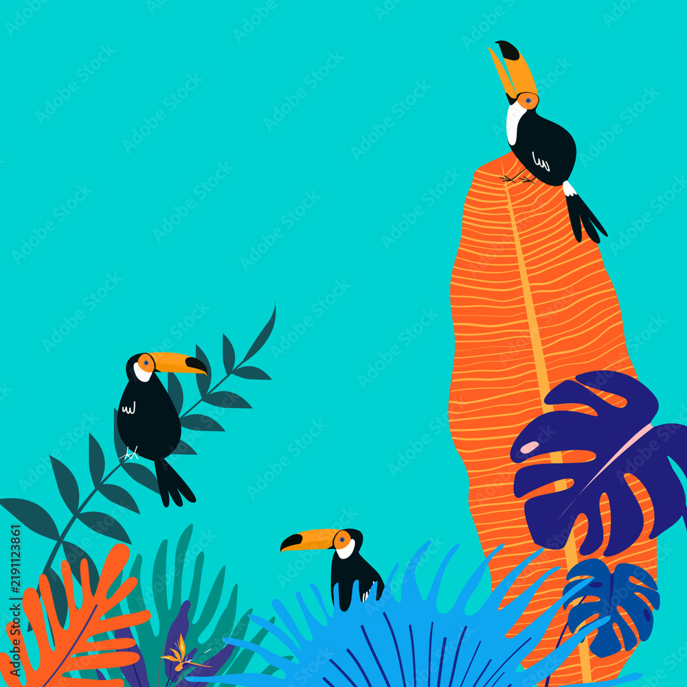 Obraz premium Colorful summer tropical toucan border, blue design