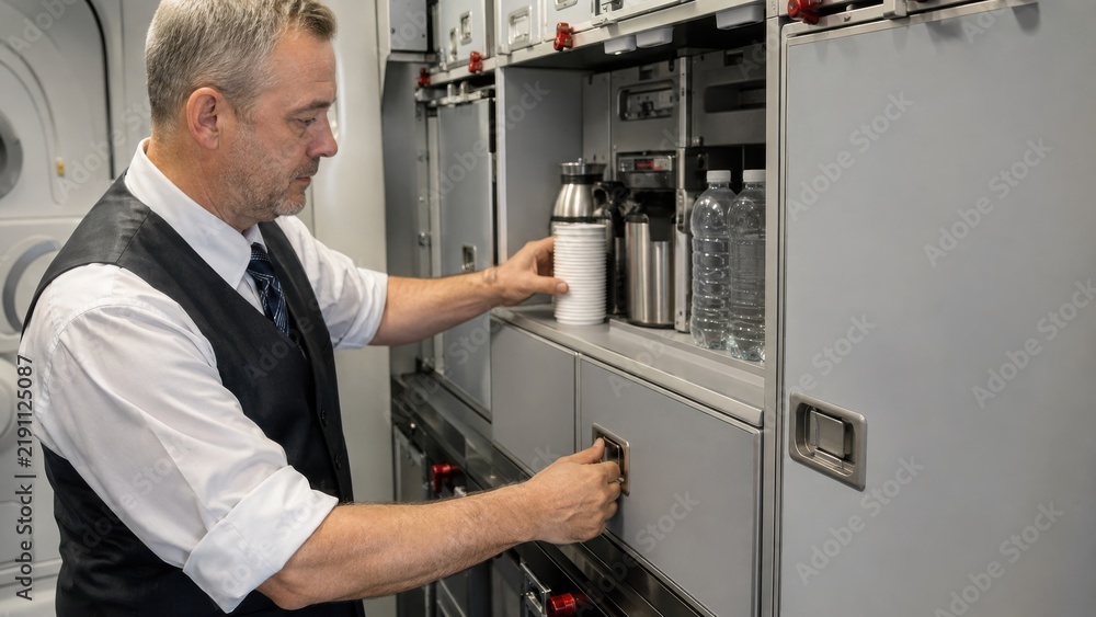 Fototapeta premium Male flight attendant in formal attire organizes beverage supplies inside an aircraft galley, with water bottles and coffee containers visible in the storage compartments