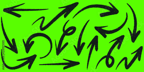 Grungy hand drawn charcoal arrow icons on lime green background perfect for rustic themed web design and creative promotional materials.