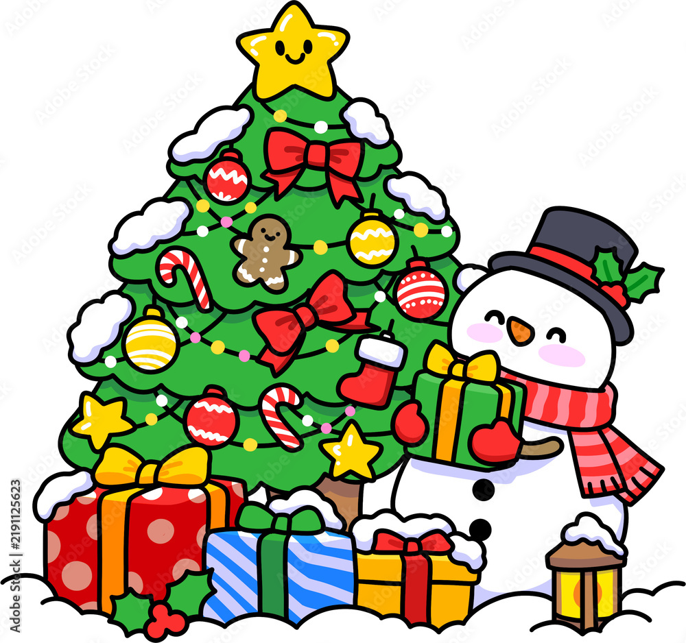 Fototapeta premium Cute Christmas Tree with Snowman and Gift Boxes Illustration