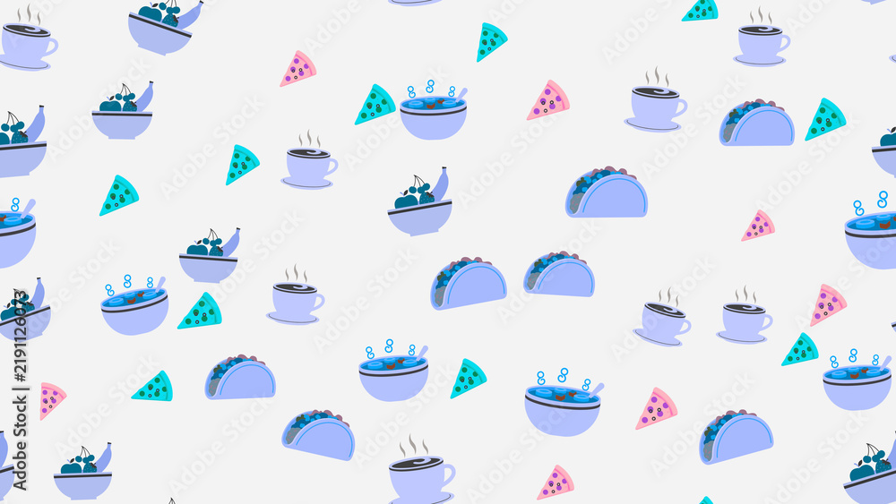 Seamless pattern of tacos, pizza, fruit bowls, and coffee cups