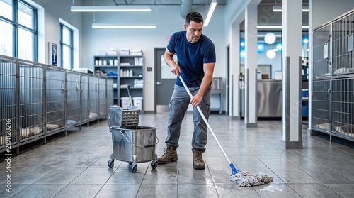 Dedicated man cleaning the floor of an animal shelter facility