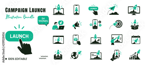 Campaign launch illustration bundle featuring rocket icons for business marketing, digital strategy, project startup, and product release concepts in a modern flat vector design style