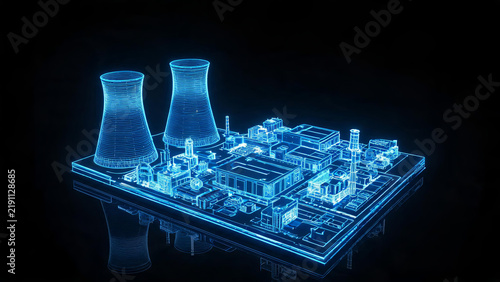 A holographic wireframe model of a nuclear power plant facility, showcasing key industrial structures in a glowing digital style.
