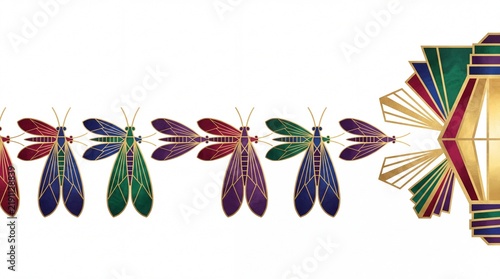 Geometric art deco insects in jewel tones flying towards a gold light fixture sequence