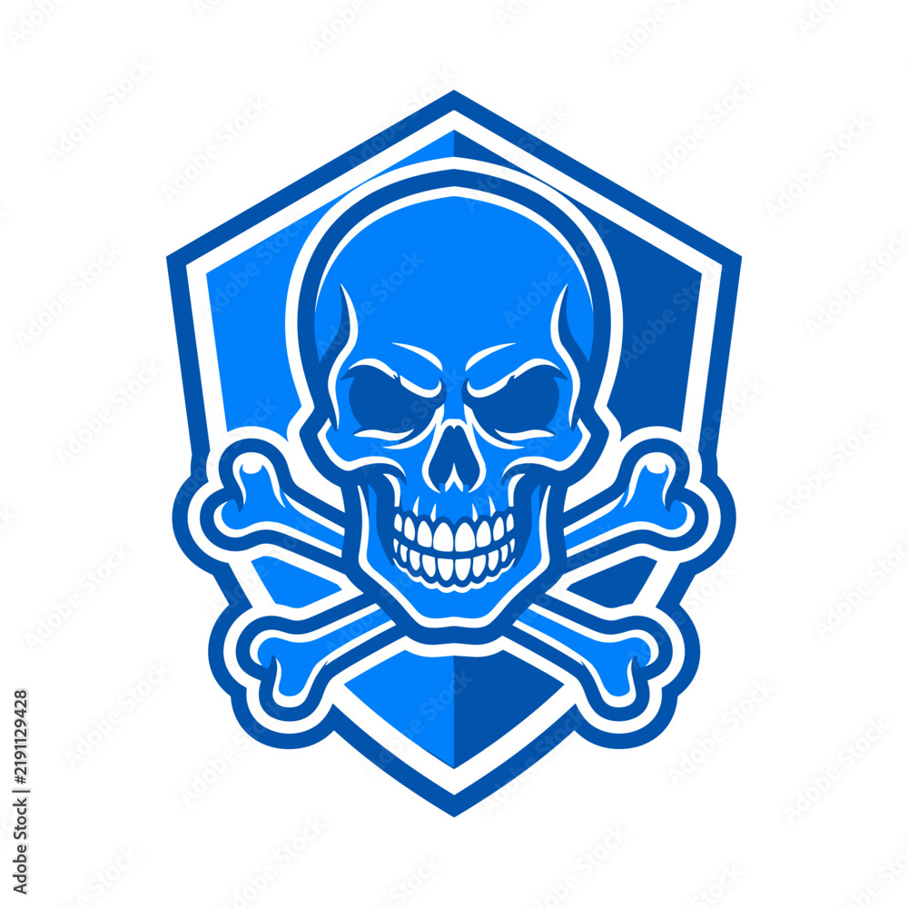 Fototapeta premium Minimalist flat vector emblem of a grinning pirate skull and crossbones in an angular geometric frame, designed with electric blue and white solid tones, perfect for competitive gaming teams or