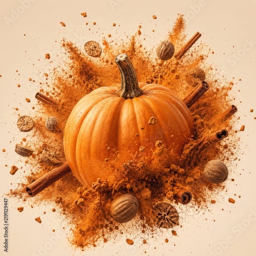Explosion of pumpkin spice with cinnamon sticks, nutmeg, and whole walnuts, symbolizing autumn flavors
