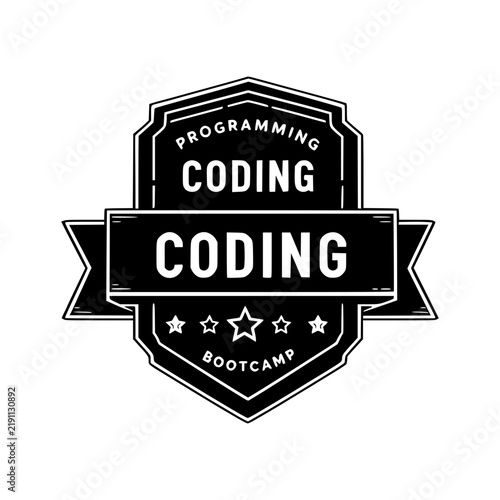 Coding Bootcamp Badge: A striking, vintage-style emblem announcing Programming Coding Coding Bootcamp with stylized stars and banners, representing learning and technical skill.