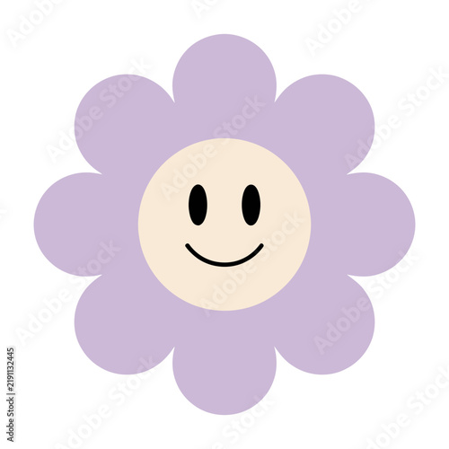 Smiling purple flower with happy face and petals isolated on white background for design