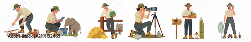 Foto Vector illustration set featuring park rangers and wildlife conservationists performing various tasks like animal care, tracking, and photography in a safari setting