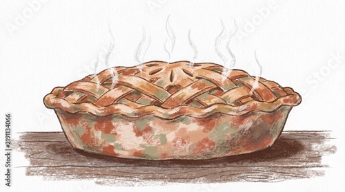 Hand drawn illustration of steaming meat pie on rustic wooden surface