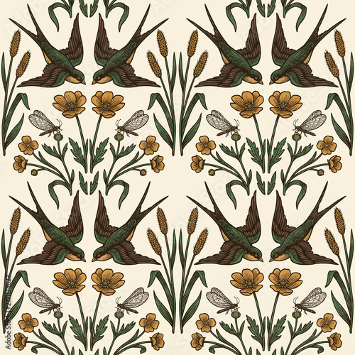 Vintage botanical seamless pattern featuring hand drawn swallow birds wheat stalks and wildflowers in a classic folk art style perfect for textile design wallpaper and decorative stationery