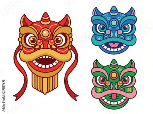 A set of three stylized Chinese lion dance head illustrations representing lunar new year traditions and oriental culture in minimalist vector style, vector isolated on white