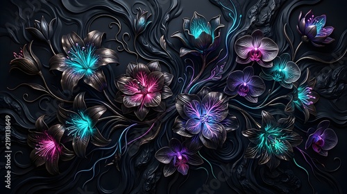 Glowing neon floral pattern with dark metallic relief on a black background