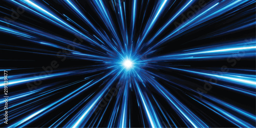 Cosmic light tunnel effect with glowing blue rays and central star point hyperspace abstract background technology movement dimension electric particle wallpaper