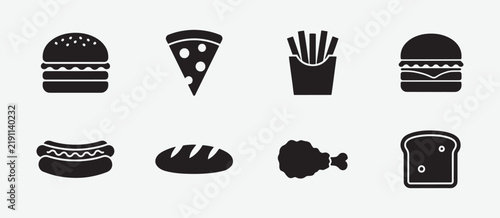 Black silhouettes of fast food and bakery items on a light gray background