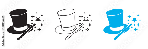 Fotografie Magic wand icon vector template, magic hat set in black, outline, and blue, star