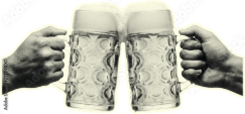 Hand holding a beer mug. Retro halftone collage element on transparent background. Vector illustration.