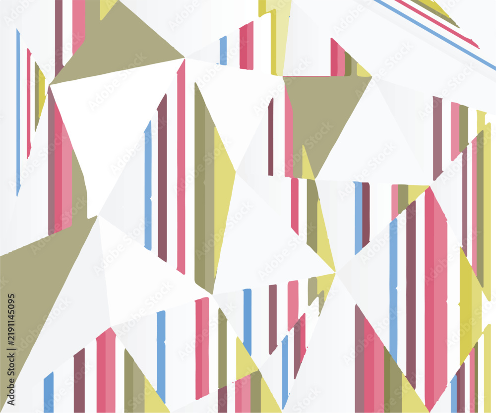 Fototapeta premium A series of vertical lines in a combination of pastel and bright colors. An abstract geometric pattern featuring triangles and colorful lines against a white background.