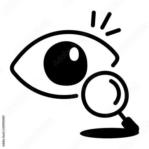 Hand drawn problem spotting icon showing an eye and magnifying glass, representing observation, issue discovery, research and analytical thinking.