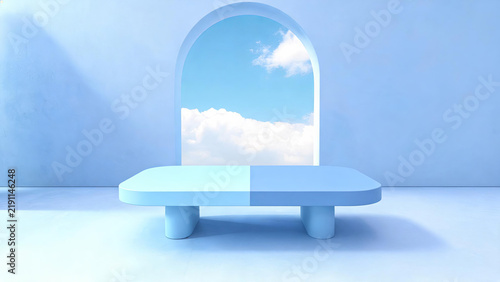 A minimalist blue interior space features a two-tone bench before an arched window revealing a bright sky with clouds, creating a serene scene.