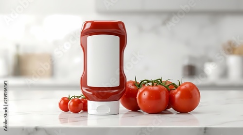 Plastic ketchup bottle with blank white label and fresh ripe tomatoes on kitchen counter