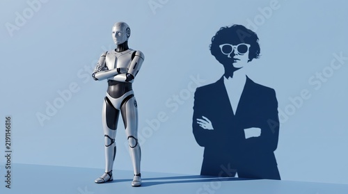 A futuristic robot stands beside its human-like shadow, symbolizing artificial intelligence and its potential to emulate human characteristics.