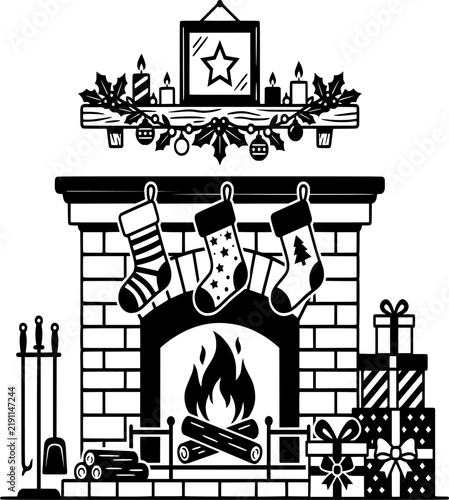 Quadro su tela Cozy Fireplace Vector Icon Illustration Black and White