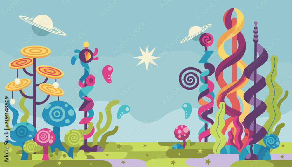 Fototapeta premium Fantastic alien planet landscape featuring strange colorful spiral trees and ringed planets under a soft blue sky.