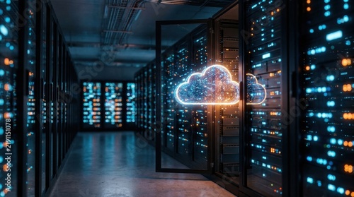 Advanced enterprise Cloud data storage aisle glowing driving digital transformation and high speed computing infrastructure