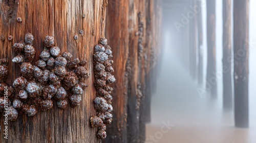 Barnacles on Pier Pilings: A close-up shot reveals a cluster of barnacles clinging to weathered wooden pier pilings, with the misty ocean stretching into the background.