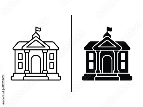 Government building line icon with columns and flag for public administration, civic services, law, politics and architecture