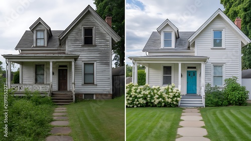 Before and after comparison of an old house renovated into a modern home